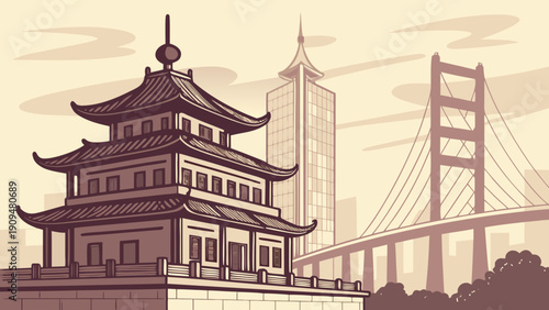 Shanghai skyline with a pagoda skyscraper and bridge, ideal for travel blogs, cityscape posters, and promotional materials highlighting urban scenery.