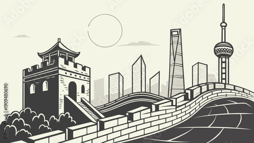 Stunning shanghai skyline showcases ancient great wall, modern buildings, and iconic oriental pearl tower. Perfect for travel and architectural concepts.