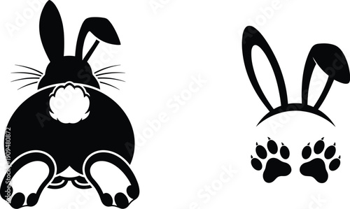 Black silhouette of a sitting rabbit with bunny ears and paw print on white background silhouette