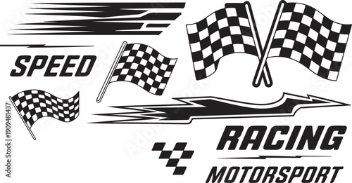 A vector illustration of a black and white checkered flag symbolizing the start and finish of a racing competition and the victory of a winner in a high speed formula rally sport