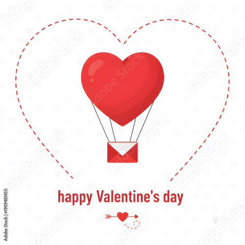 Red heart hot air balloon carrying love letter isolated on white background