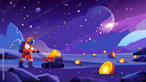 Astronaut collecting glowing crystals on a purple and white alien planet