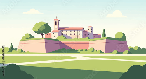 A stylized pixel art illustration of a walled fortress with a central tower and adjacent buildings