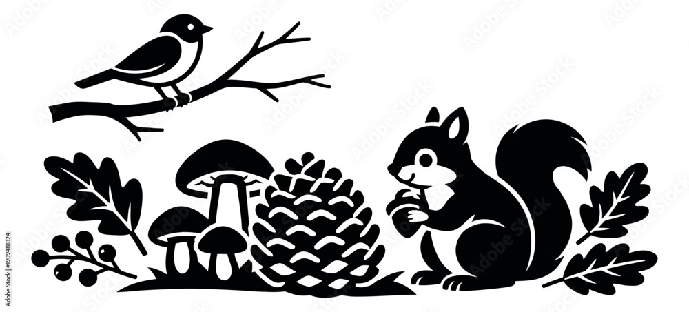 Obraz premium Stylized illustration of autumn forest creatures and elements depicting a bird on a branch, a squirrel holding an acorn, mushrooms, and foliage for seasonal decoration