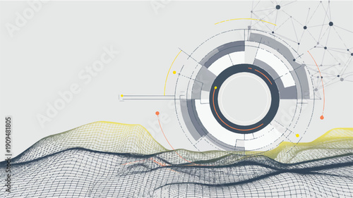 A modern, minimalist technical illustration featuring a large circular mechanical component in white and gray tones against a light gray background (1)_traced