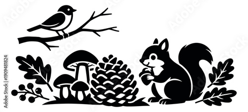 Stylized illustration of autumn forest creatures and elements depicting a bird on a branch, a squirrel holding an acorn, mushrooms, and foliage for seasonal decoration