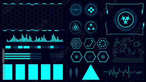 Futuristic interface elements with biohazard symbols and data visualizations