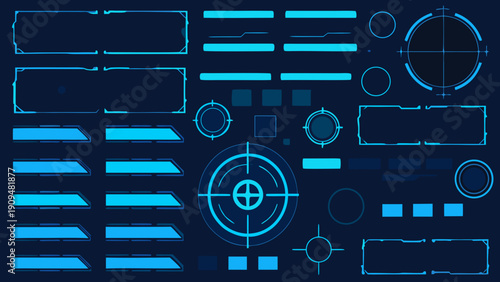 Abstract blue geometric shapes and targeting reticles on a dark background
