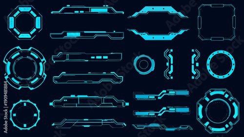 Futuristic user interface elements and glowing neon shapes on a dark background