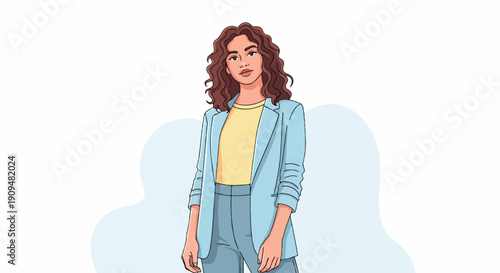 A stylishly dressed woman with curly hair stands against a soft blue background
