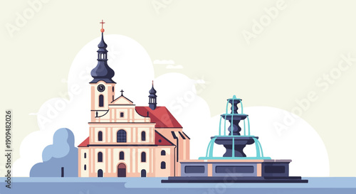 A stylized town square features a church and a tiered fountain