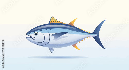A stylized illustration of a bluefin tuna fish against a soft gradient sky