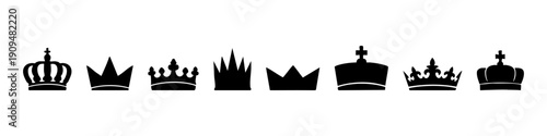 Set of colorful royal crown icons in different styles and shapes isolated on white background. Vector illustration of monarch and majesty symbols.