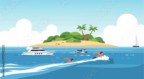 A tropical island scene with swimmers, a yacht, and a jet ski