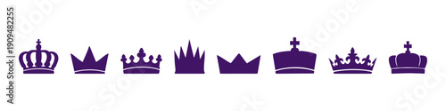 Set of colorful royal crown icons in different styles and shapes isolated on white background. Vector illustration of monarch and majesty symbols.