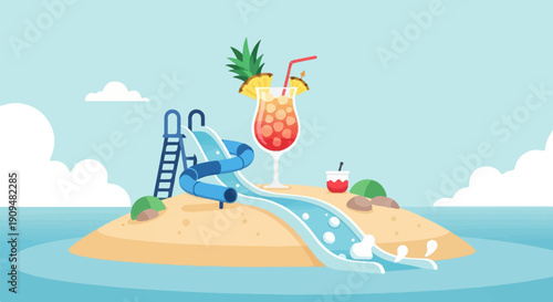 A tropical island with a water slide and a refreshing cocktail under a clear sky