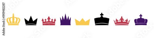 Set of colorful royal crown icons in different styles and shapes isolated on white background. Vector illustration of monarch and majesty symbols.