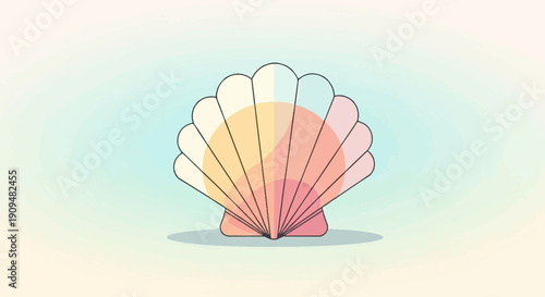 A stylized seashell with radiating sun hues against a soft gradient sky