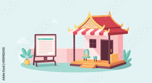 A stylized Asian storefront and presentation board in a serene outdoor setting
