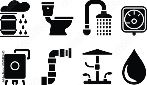 Black water supply and sanitation icons set including rainwater harvesting barrel toilet shower water meter tank pipes pump and drop symbol plumbing system vector