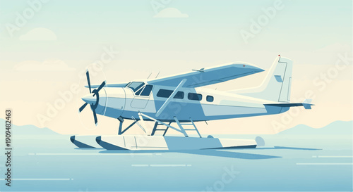 A stylized seaplane rests on calm, blue water, with mountains in the distance