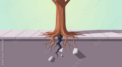 A tree trunk with exposed roots cracks pavement on a sidewalk