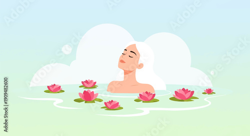 A tranquil scene of a woman enjoying a peaceful moment amidst water lilies