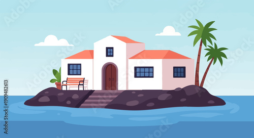 A tranquil island dwelling with palm trees and ocean views, serene retreat