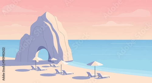 A tranquil beach scene with a rock arch, lounge chairs, and umbrellas under a pastel sky