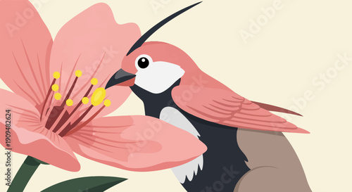 A stylized bird with pink feathers gently touches a large pink flower