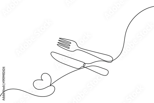 Knife and fork one line drawing for restaurant logo or minimalist menu design