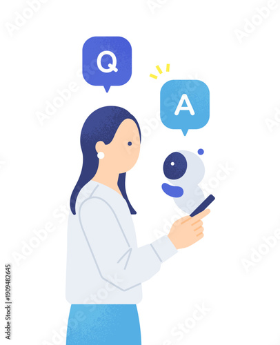 AIに聞いて答えを得る女性。スマホから飛び出しQ&Aに答えるAIアシスタントのイラスト素材。