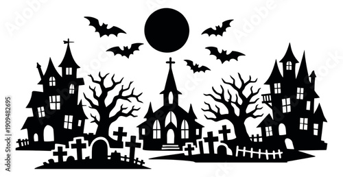 Graphic silhouette illustration of a Halloween scene depicting haunted houses, a spooky cemetery, and flying bats under a full moon for autumnal holiday designs