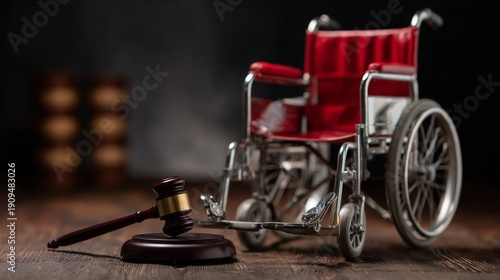 Gavel beside empty wheelchair symbolizing personal injury claim, legal action for accident victim and disability compensation.