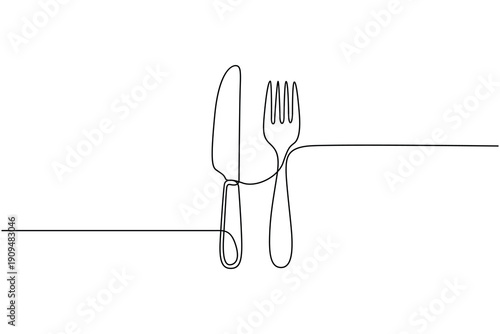 Knife and fork one line drawing for restaurant logo or minimalist menu design