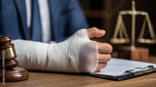 Gavel, scale and clipboard beside a patient's bandaged forearm symbolizing medical negligence and legal claim for treatment injury.