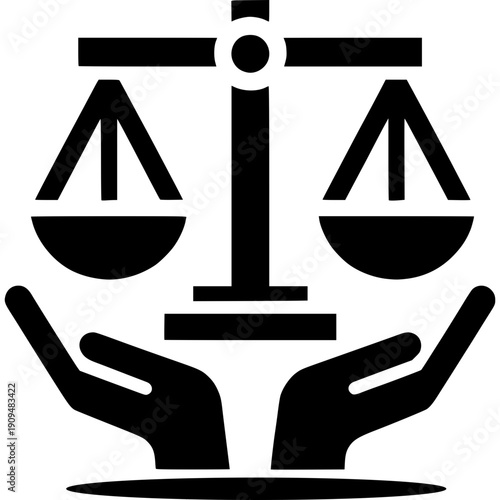 Justice Icon: Symbol of fairness, equality, and the impartial application of law, visually represented by scales of justice held in hands. 