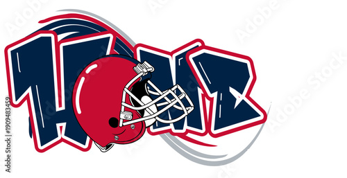 Home  lettering featuring a football helmet  as the “O”, in  nautical blue, red, black and silver tones. A bold, urban style perfect for sports-inspired street art and graffiti.