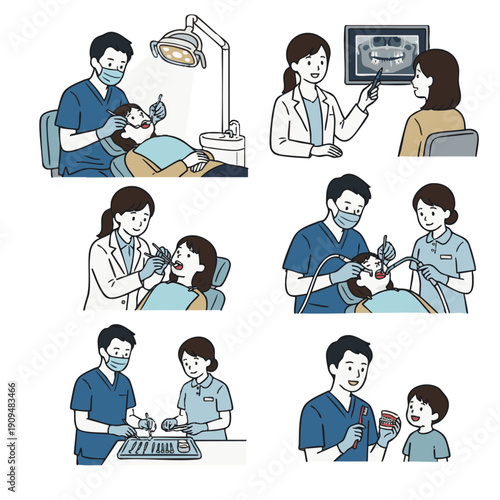 歯科医院での診察と治療シーンのイラストセット