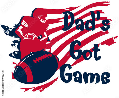 "“Dad’s Got Game” is a bold street art vector featuring a football player, Ball and american flag in blue, red, and silver. This graffiti-style artwork combines sport energy with urban creativity, 