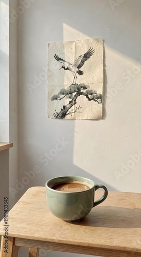 Morning light on coffee in minimalistic room with crane artwork