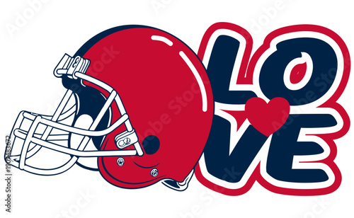 LOVE in bold   nautical blue, red, black and silver graffiti lettering, with a vibrant heart at the center and a football helmet beside it. A dynamic street art vector with sporty flair
