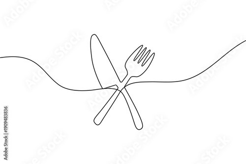 Knife and fork one line drawing for restaurant logo or minimalist menu design
