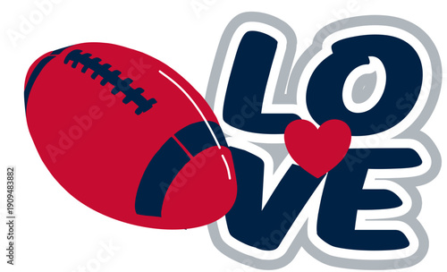 LOVE in bold   nautical blue, red, black and silver graffiti lettering, with a vibrant heart at the center and a football ball beside it. A dynamic street art vector with sporty flair