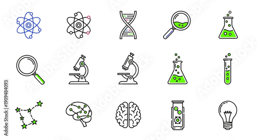 Illustration of scientific concepts including atoms, dna, brain, and microscopes