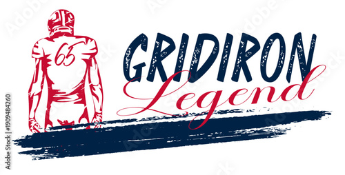 Gridiron Legend football design with Player number 5 in  nautical blue, red, black and silver . Bold artwork for sports apparel, team branding, fan merchandise and promotion