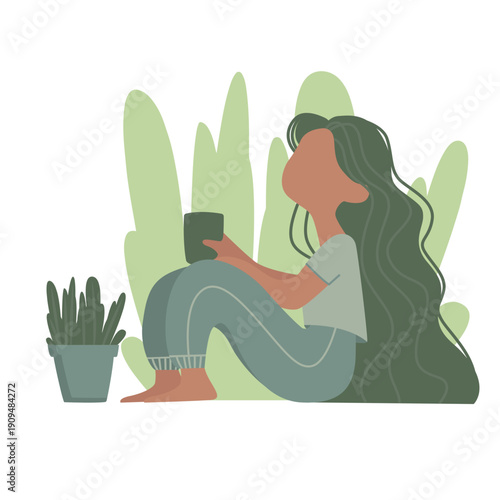 Relaxing Woman with Coffee and Plants Flat Illustration