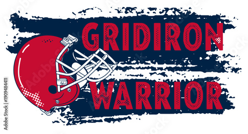 Bold “GRIDIRON WARRIOR” text with helmet  nautical blue, red, black and silver and dynamic brushstroke background. Ideal for sports apparel, team branding, football graphics, fan merchandise, and prom