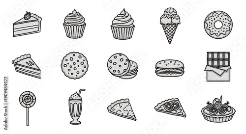 Illustration of various delicious desserts and treats in black and white style graphic design