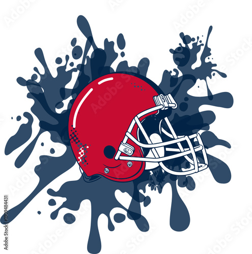 Helmet and Heart text with football helmet in   nautical blue, red, black and silver , heart outline, and splash background. Bold, emotional football design for fan merchandise and team branding.